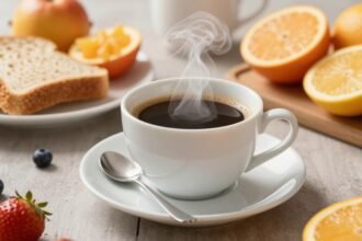 Σαπούνι καφέ και υγιεινές επιλογές πρωινού σε έναν ήρεμο πρωινό χώρο.