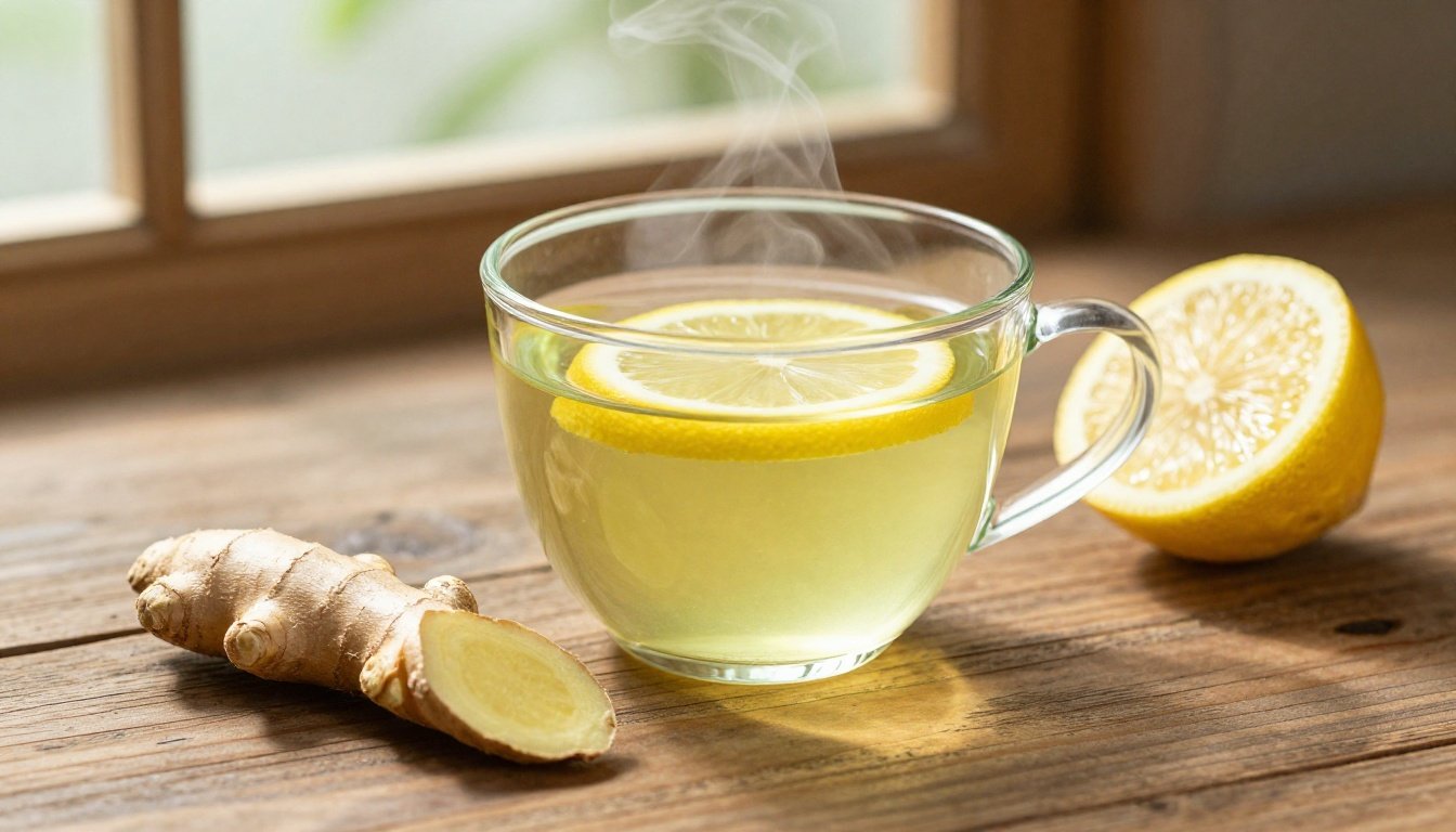 Ένα φλυτζάνι πράσινο τσάι με λεμόνι και τζίντζερ