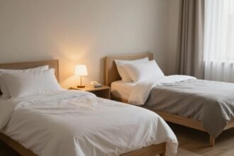 Δύο χωριστά κρεβάτια σε ήρεμο υπνοδωμάτιο, που αντικατοπτρίζει την τάση του χωριστού ύπνου για ζευγάρια.