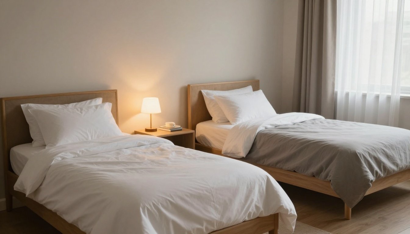 Δύο χωριστά κρεβάτια σε ήρεμο υπνοδωμάτιο, που αντικατοπτρίζει την τάση του χωριστού ύπνου για ζευγάρια.