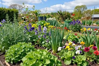 Ένας κήπος γεμάτος φυτά ανθισμένα και λαχανικά τον Μάρτιο.