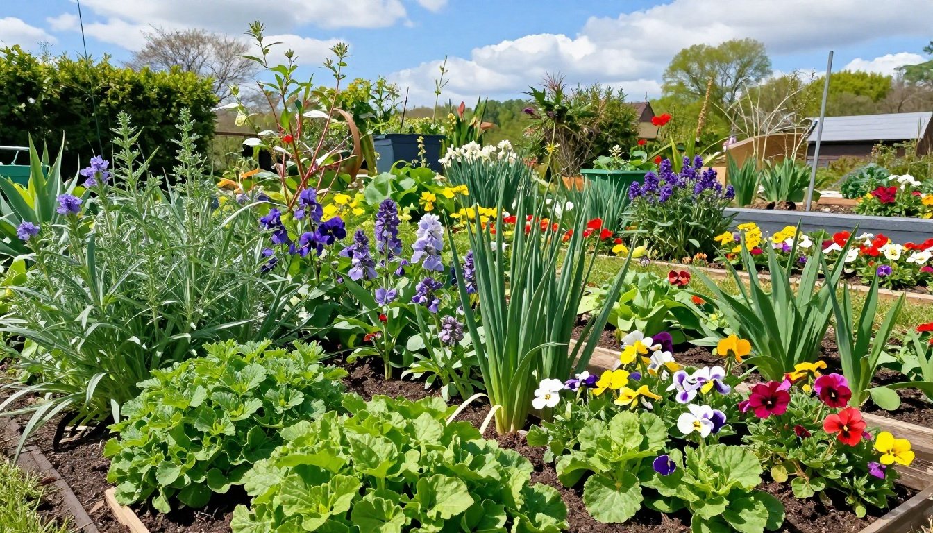 Ένας κήπος γεμάτος φυτά ανθισμένα και λαχανικά τον Μάρτιο.