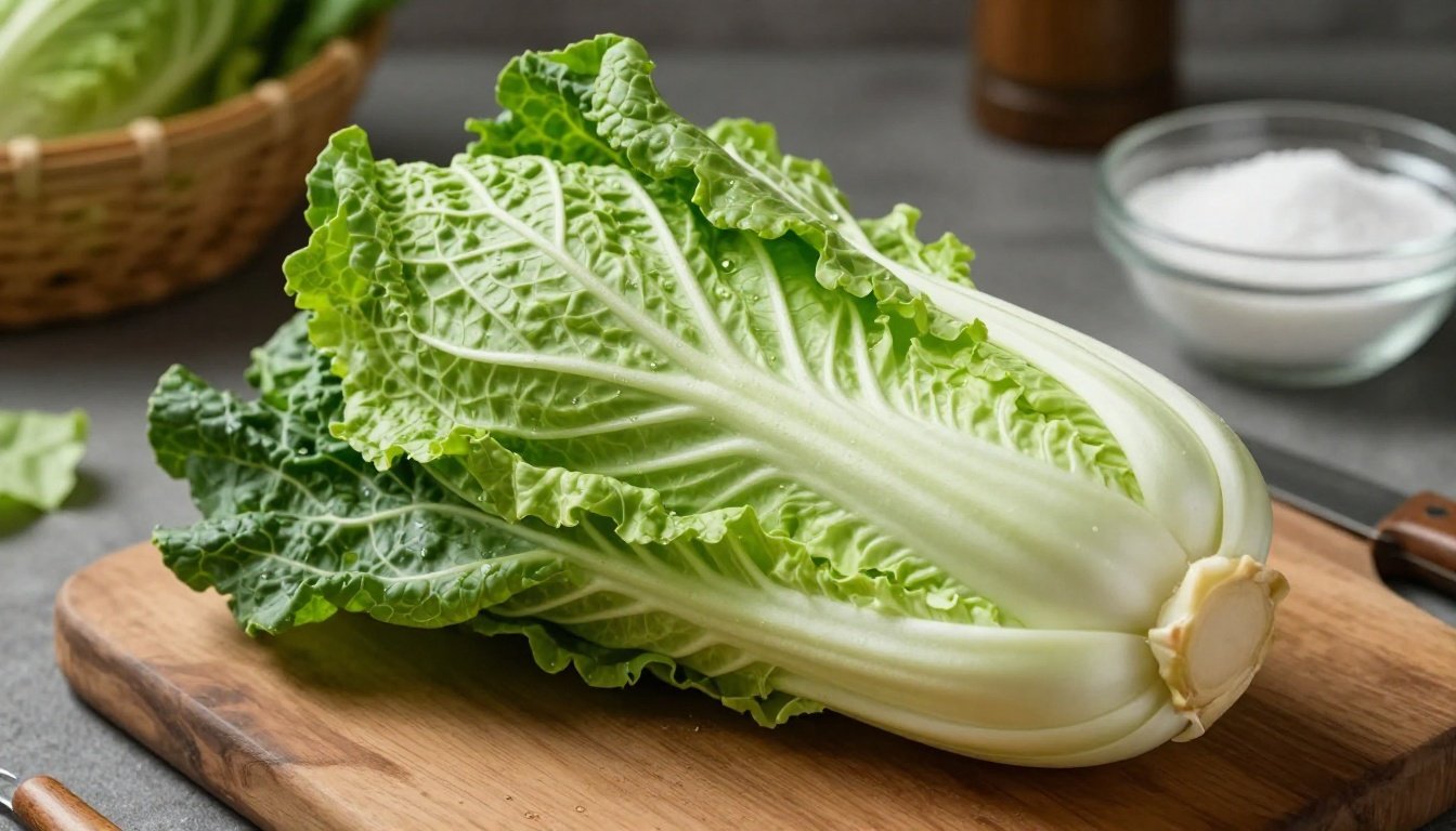 Φρέσκο λάχανο σε ξύλινο τραπέζι με αλάτι, έτοιμο για πλύσιμο.