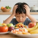 Παιδί που εξετάζει ένα πιάτο με πολύχρωμες τροφές.
