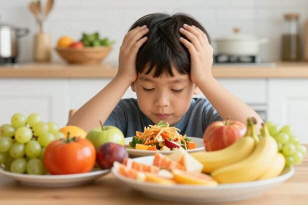 Παιδί που εξετάζει ένα πιάτο με πολύχρωμες τροφές.