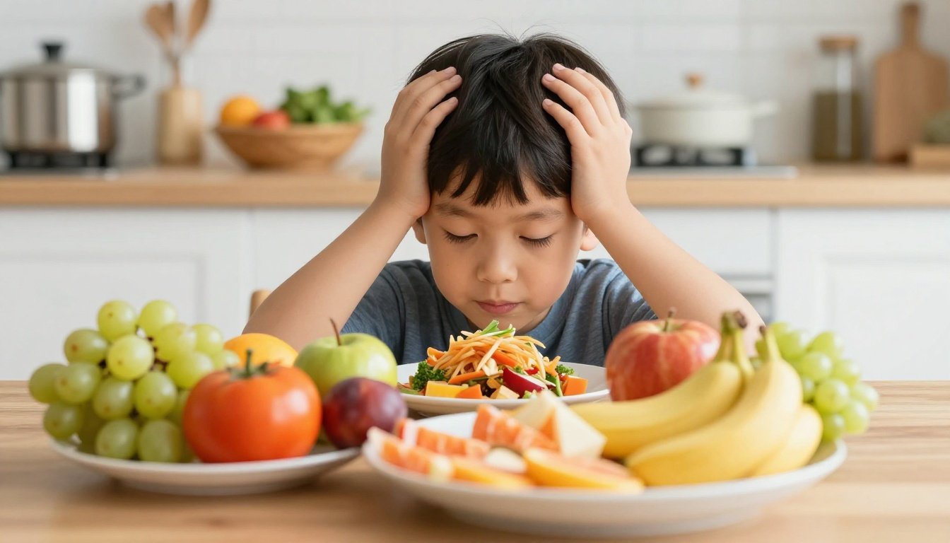Παιδί που εξετάζει ένα πιάτο με πολύχρωμες τροφές.