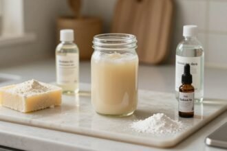 Σπιτικό καθαριστικό για πλακάκια με φυσικά υλικά σε κουζίνα.