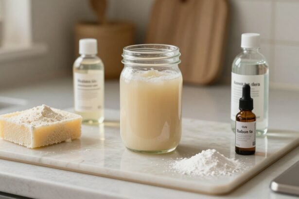 Σπιτικό καθαριστικό για πλακάκια με φυσικά υλικά σε κουζίνα.