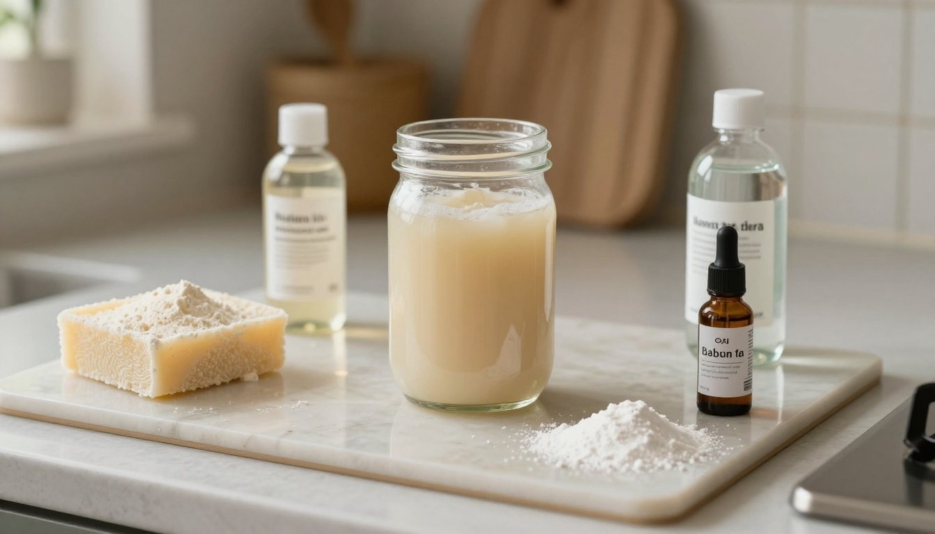 Σπιτικό καθαριστικό για πλακάκια με φυσικά υλικά σε κουζίνα.