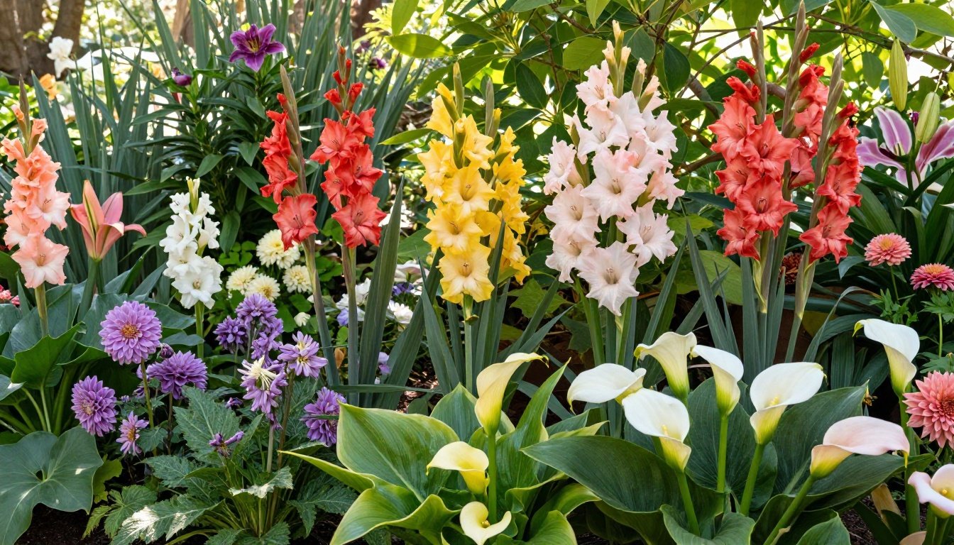 Ένας χρωματιστός κήπος την άνοιξη γεμάτος βολβούς λουλουδιών σε ανθοφορία.