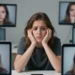 Νέος άνθρωπος ανάμεσα σε ψηφιακές οθόνες που αποτυπώνουν τις προκλήσεις που αντιμετωπίζει η γενιά Ζ.