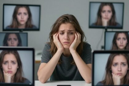 Νέος άνθρωπος ανάμεσα σε ψηφιακές οθόνες που αποτυπώνουν τις προκλήσεις που αντιμετωπίζει η γενιά Ζ.