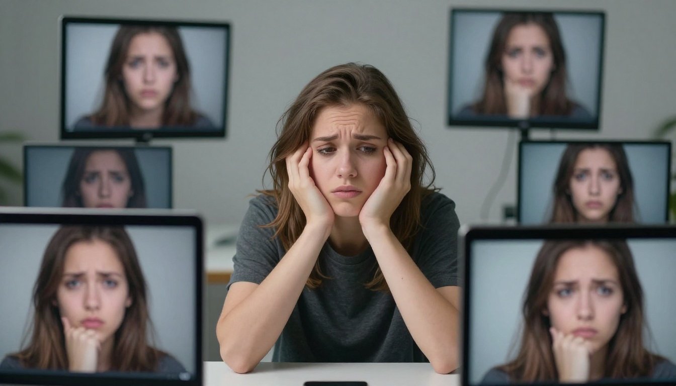 Νέος άνθρωπος ανάμεσα σε ψηφιακές οθόνες που αποτυπώνουν τις προκλήσεις που αντιμετωπίζει η γενιά Ζ.