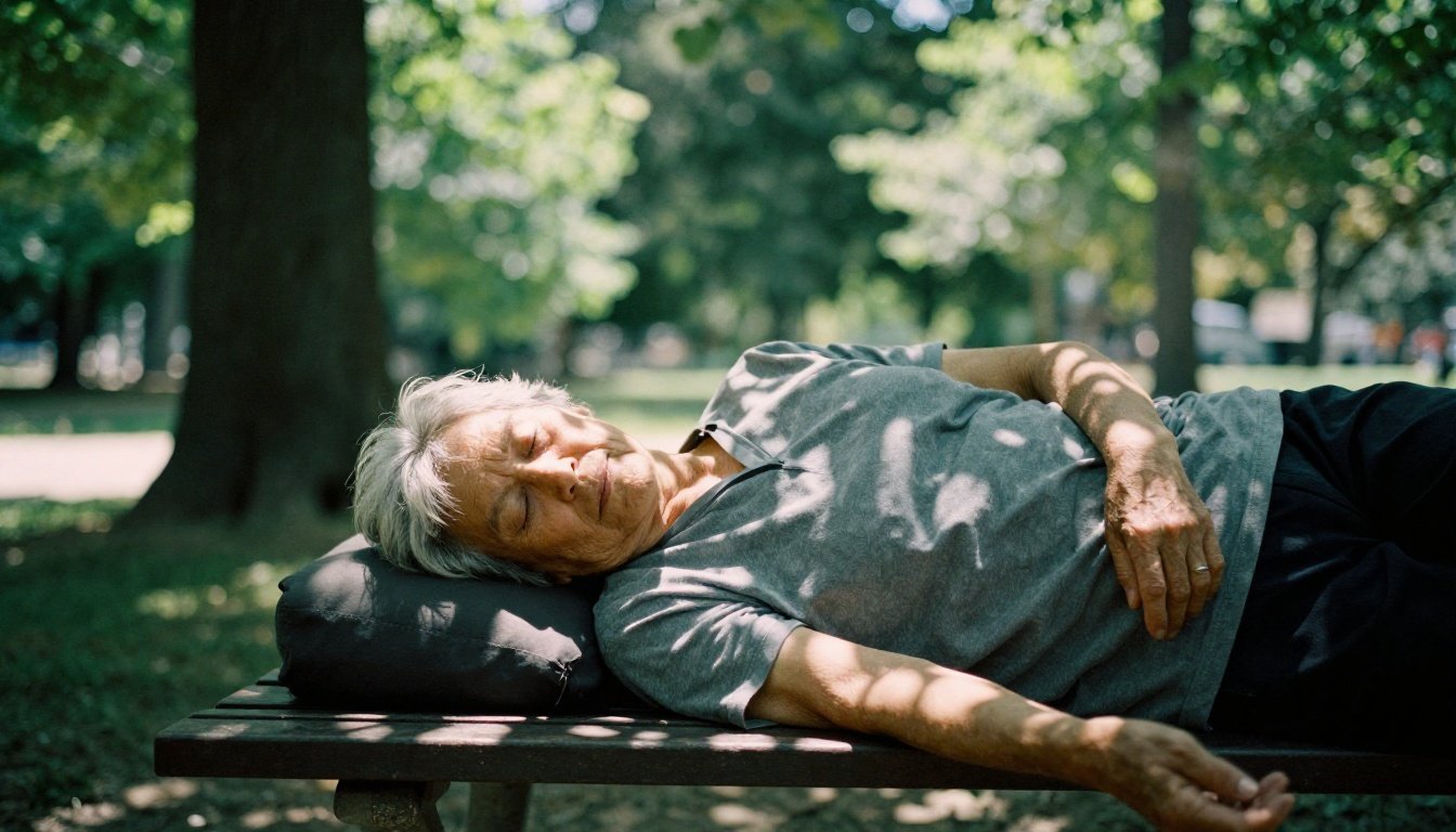 Ηλικιωμένος άνθρωπος κοιμάται σε παγκάκι στο πάρκο