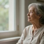 Μια ηλικιωμένη γυναίκα που κοιτάζει έξω από το παράθυρο με σκεπτική διάθεση, αναδεικνύοντας ζητήματα υγείας και γήρανσης.