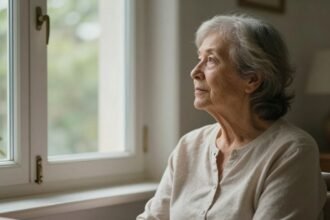 Μια ηλικιωμένη γυναίκα που κοιτάζει έξω από το παράθυρο με σκεπτική διάθεση, αναδεικνύοντας ζητήματα υγείας και γήρανσης.