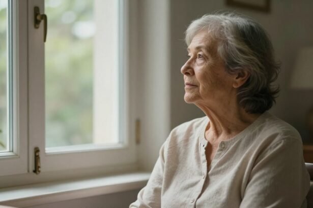 Μια ηλικιωμένη γυναίκα που κοιτάζει έξω από το παράθυρο με σκεπτική διάθεση, αναδεικνύοντας ζητήματα υγείας και γήρανσης.