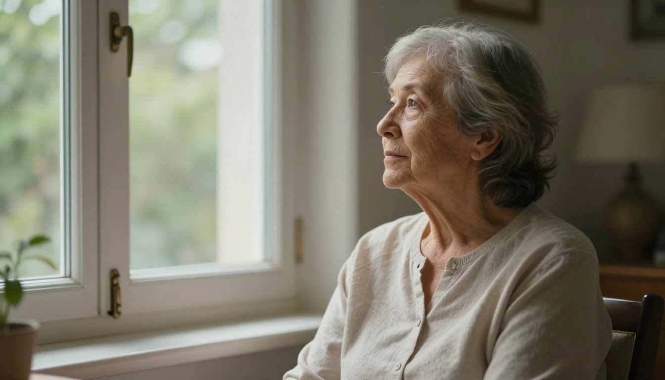Μια ηλικιωμένη γυναίκα που κοιτάζει έξω από το παράθυρο με σκεπτική διάθεση, αναδεικνύοντας ζητήματα υγείας και γήρανσης.