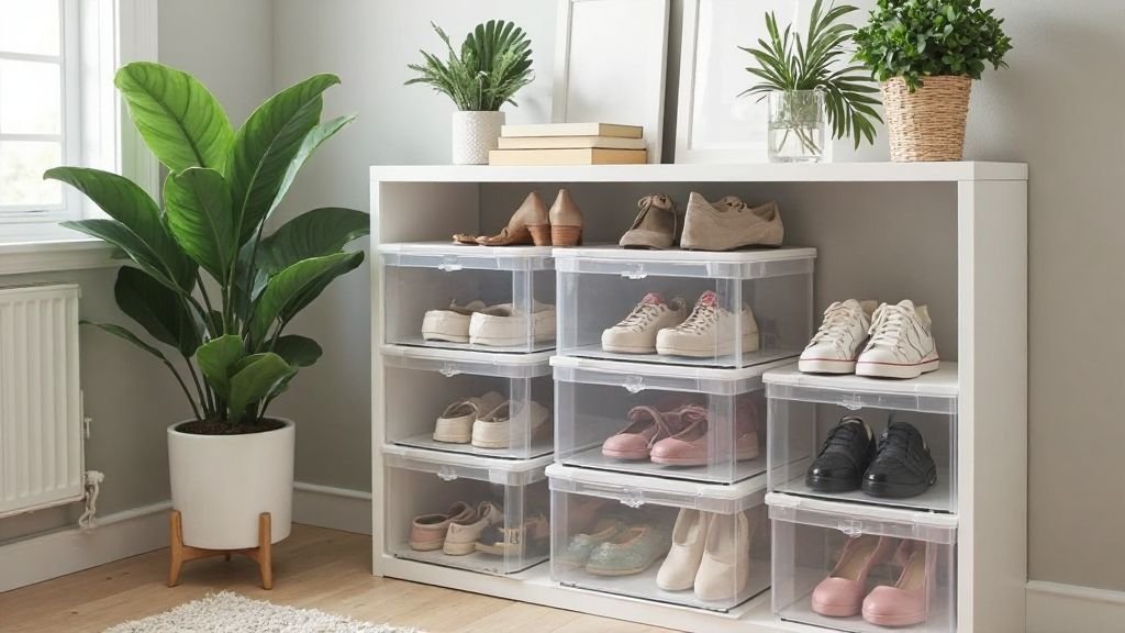 Καλά οργανωμένα παπούτσια σε διαφανείς θήκες σε μοντέρνο εσωτερικό χώρο.