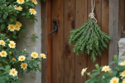 Ματσάκι δεντρολίβανο κρεμασμένο σε ξύλινη πόρτα ενός παραδοσιακού σπιτιού.