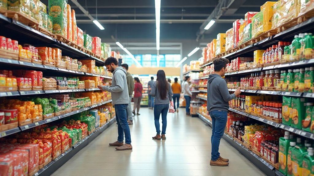 Αναμονή σε ράφια σούπερ μάρκετ με τρόφιμα και προϊόντα.