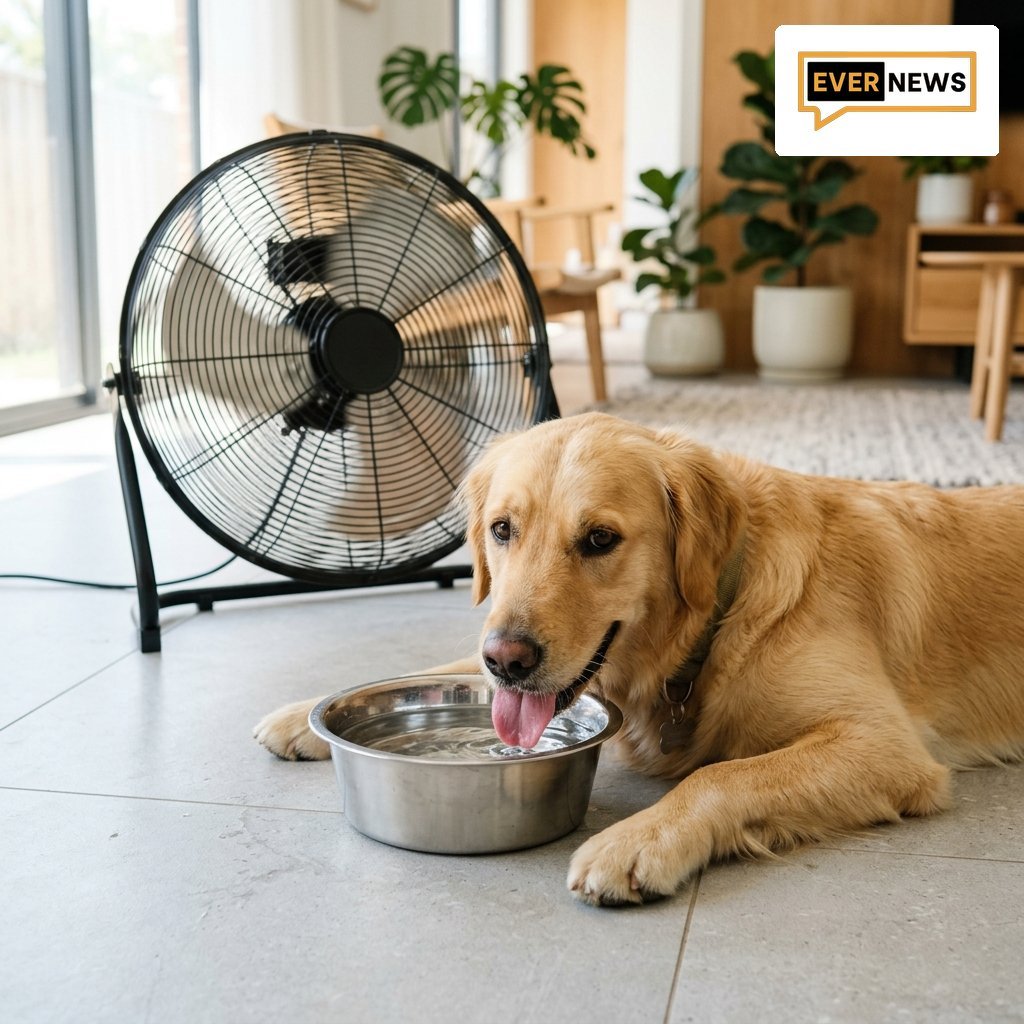 Σκύλος Golden Retriever μπροστά από ανεμιστήρα με νερό