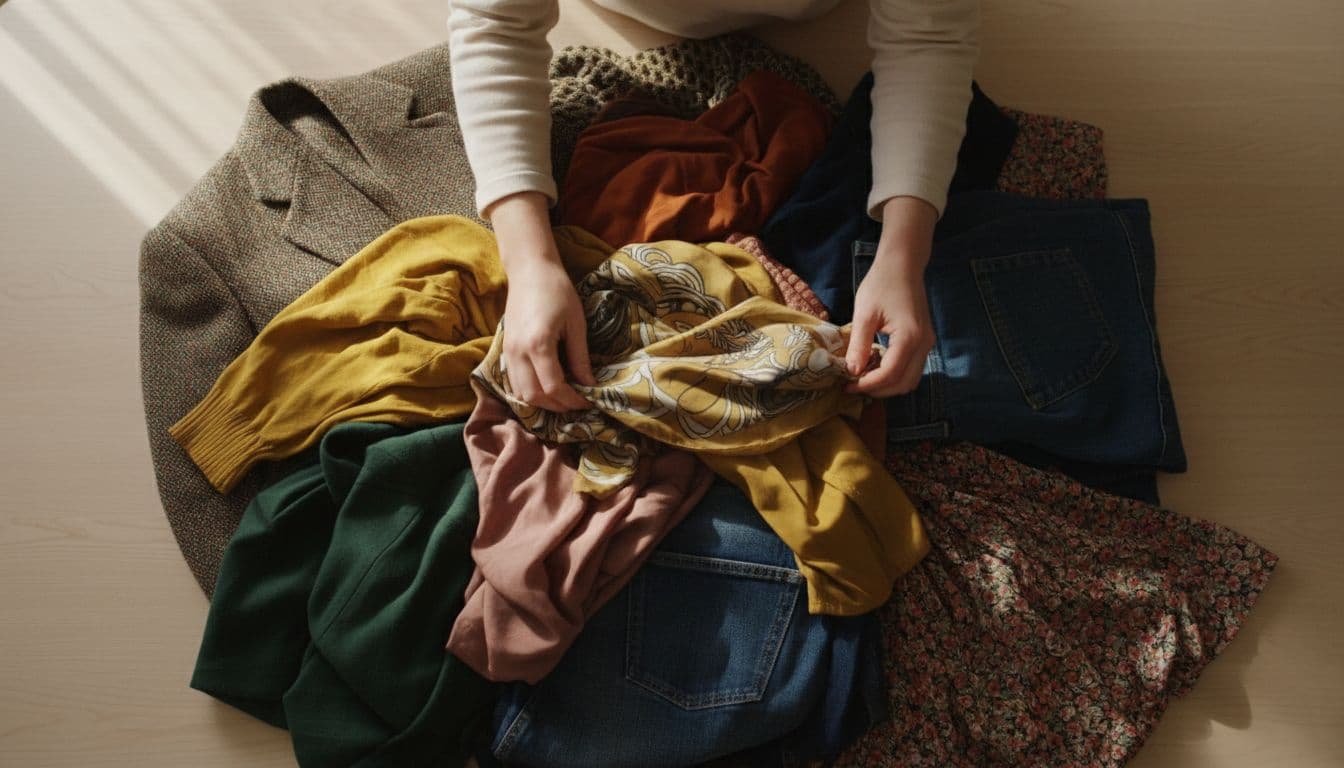 Πώς να πλύνετε σωστά τα second hand ρούχα πριν τα φορέσετε 2 A person carefully examines a stack of vintage garments on a wooden table.