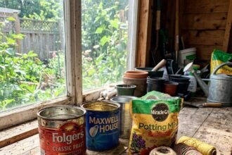 diy coffee cans materials 1782078791737 - Μην πετάς τα τενεκεδάκια του καφέ: Πώς να τα μετατρέψεις σε ρετρό γλαστράκια