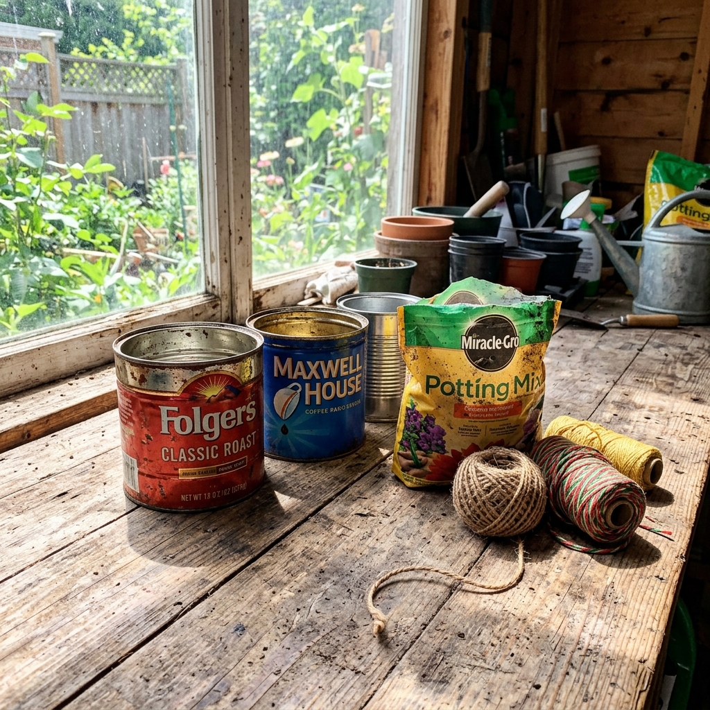 diy coffee cans materials 1782078791737 - Μην πετάς τα τενεκεδάκια του καφέ: Πώς να τα μετατρέψεις σε ρετρό γλαστράκια