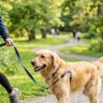 Dog walking next to owner's leg in park on leash
