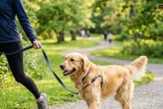 Dog walking next to owner's leg in park on leash