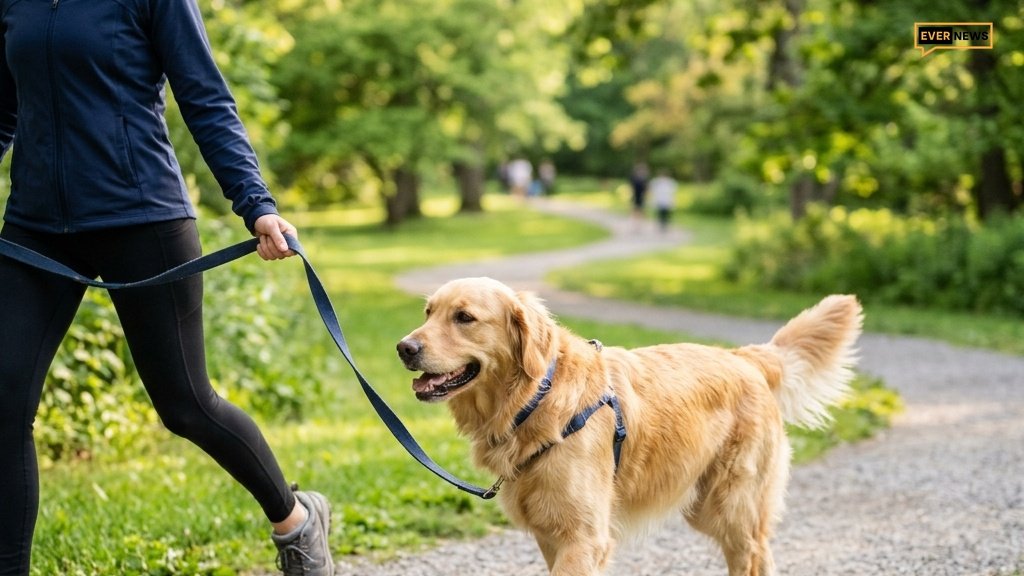 Dog walking next to owner's leg in park on leash