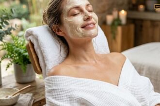 Woman with face mask smiling closed eyes spa setting