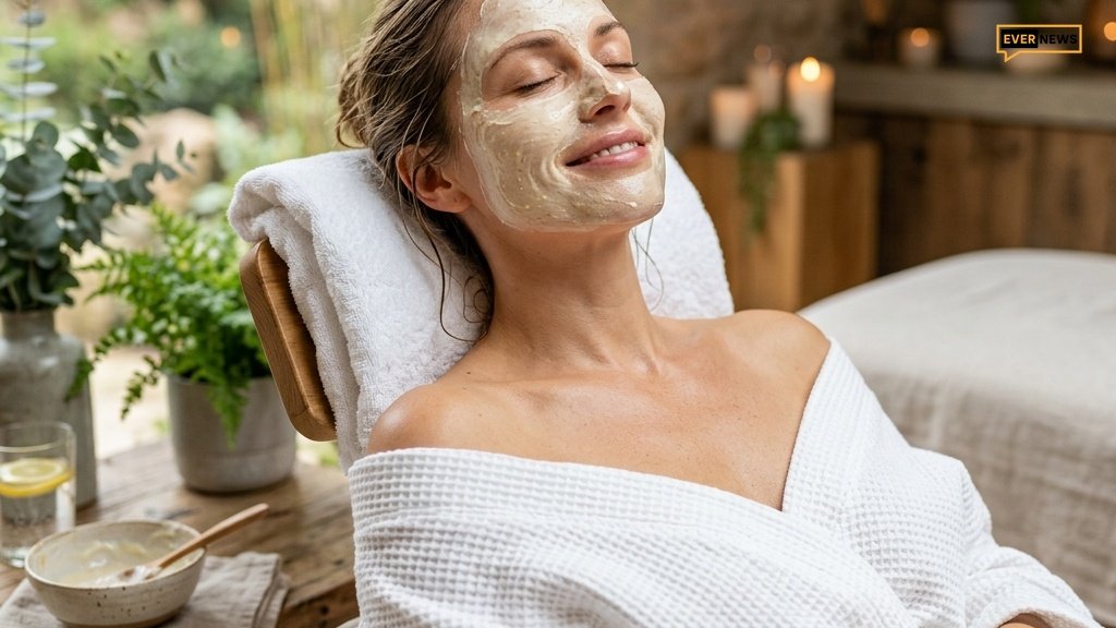 Woman with face mask smiling closed eyes spa setting