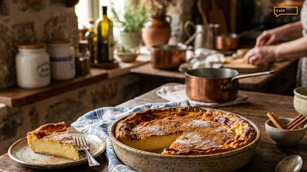 Παραδοσιακή γαλατόπιτα χωρίς φύλλο πασπαλισμένη με κανέλα