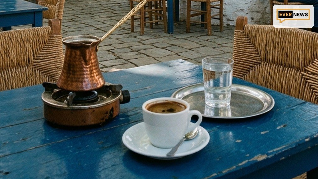 Παραδοσιακό ελληνικό καφενείο με καφέ και μπρίκι