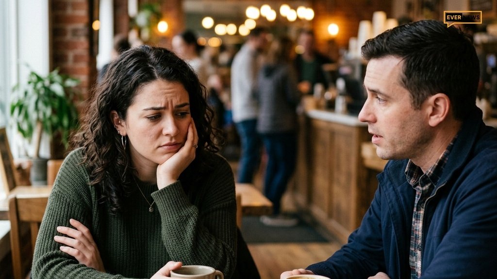 Two people talking seriously in a cafe blurred background