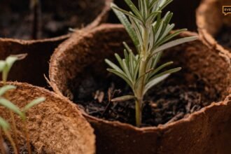 Repotting a houseplant with soil in a bright room