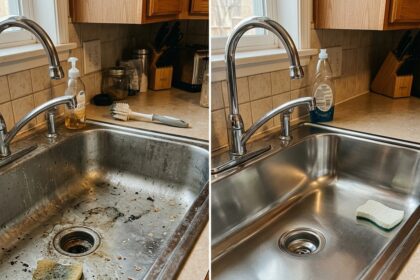 sink before after 1782070728309 - Πώς να κάνετε τον νεροχύτη της κουζίνας να μοσχοβολάει με 2 φυσικά υλικά