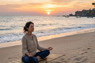 Person meditating on a beach at sunset