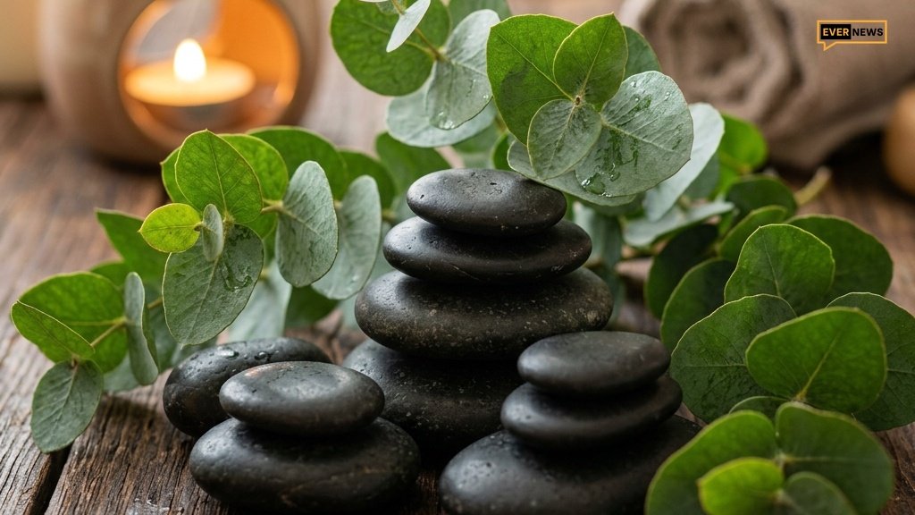 Zen stones and green leaves spa decor on table