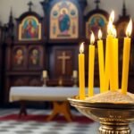 Εσωτερικό ορθόδοξης εκκλησίας με κεριά και εικόνες για την Κοίμηση της Αγίας Άννας