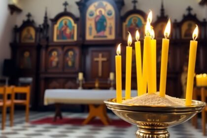 Εσωτερικό ορθόδοξης εκκλησίας με κεριά και εικόνες για την Κοίμηση της Αγίας Άννας