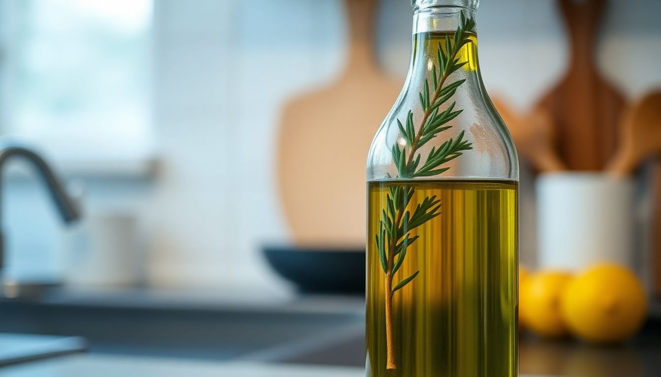 Πώς διατηρούμε μυρωδικά και αρωματικά φυτά για την κουζίνα όλο τον χρόνο 3 Αρωματικό λάδι με κλαδάκι δεντρολίβανου.