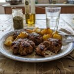 Ένα πιάτο με λαχταριστά μπιφτέκια και πατάτες φούρνου σε ένα απλό τραπέζι
