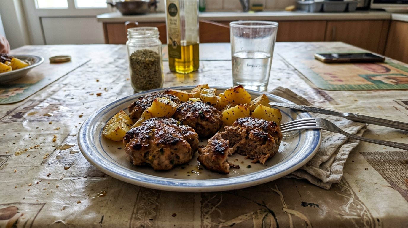 Ένα πιάτο με λαχταριστά μπιφτέκια και πατάτες φούρνου σε ένα απλό τραπέζι