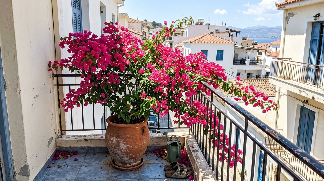 Ανθισμένη ροζ βουκαμβίλια σε πήλινη γλάστρα στο μπαλκόνι