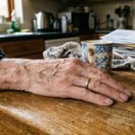Ηλικιωμένος άνδρας με τα χέρια στο τραπέζι