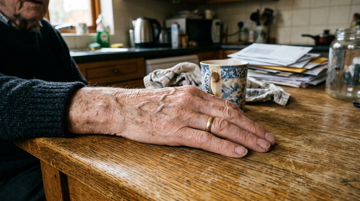 Ηλικιωμένος άνδρας με τα χέρια στο τραπέζι
