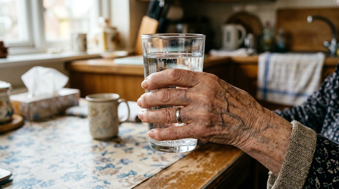 Χέρι ηλικιωμένου που κρατά ποτήρι με νερό